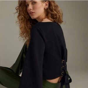 Anthropologie Maeve Tie-Back Ponte Pullover Top Lace-Up Puff Sleeve Black size S